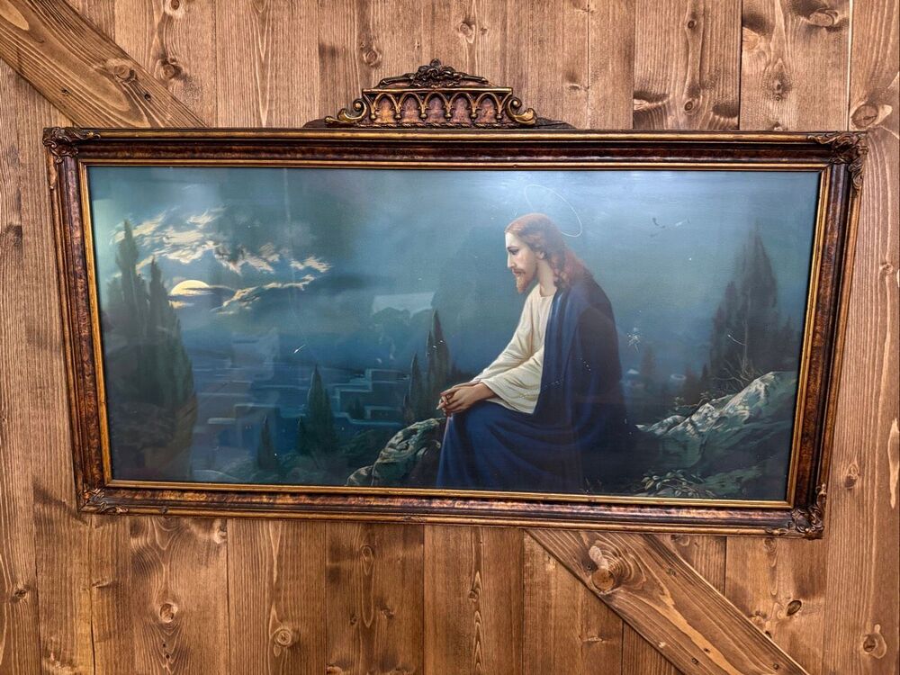 Vintage Jesus Christ in Gethsemane Large Framed Religious Print Ornate Frame